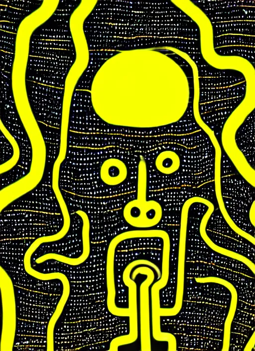 Image similar to highly detailed closeup portrait of wasteland long glowing yellow and white plasma hair cute happy tribal lady, stray electric spark wiring by jean jullien, 4 k resolution, gradient yellow, black and white color scheme!!! ( ( dystopian city background ) )