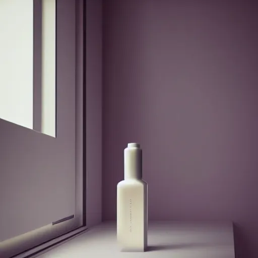 Image similar to perfume bottle on window sill in a pastel clean modern minimalist room by peter tarka in an ivory room well contoured smooth fair walls, up close shot, sharp focus, zen, clean, modern minimalist, octane highly render, 4 k, ultra hd,