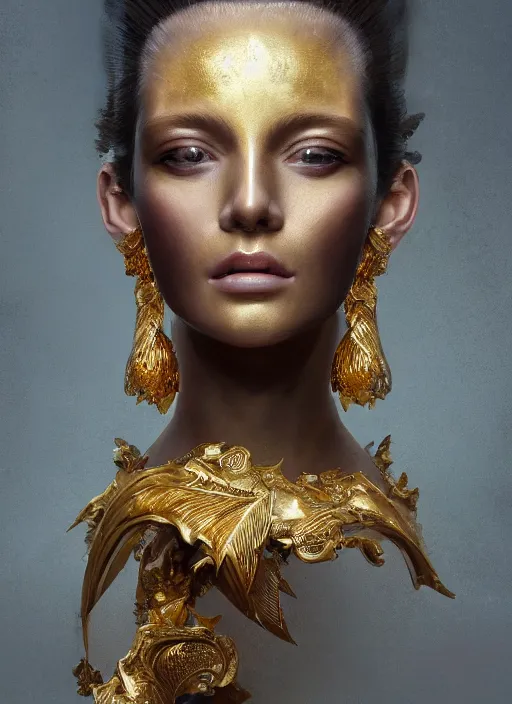 Image similar to sculpture made of gold, portrait, future, shaman, gold, close up, harper's bazaar, vogue, magazine, concept art, ornate, luxury, elite, elegant, trending on artstation, by ruan jia, by Kenneth Willardt, by ross tran, by WLOP, by Andrei Riabovitchev,