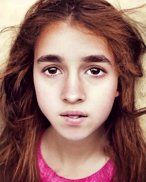 Image similar to photo portrait 1 5 - year old girl with lush brown hair, hermione granger, large front teeth, and bright piercing brown eyes, hyper realistic face, beautiful eyes, by mario testino