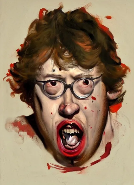 Image similar to bloated red faced sam hyde, straining, bulging eyes, painting by phil hale, fransico goya,'action lines '!!!, graphic style, visible brushstrokes, motion blur, blurry