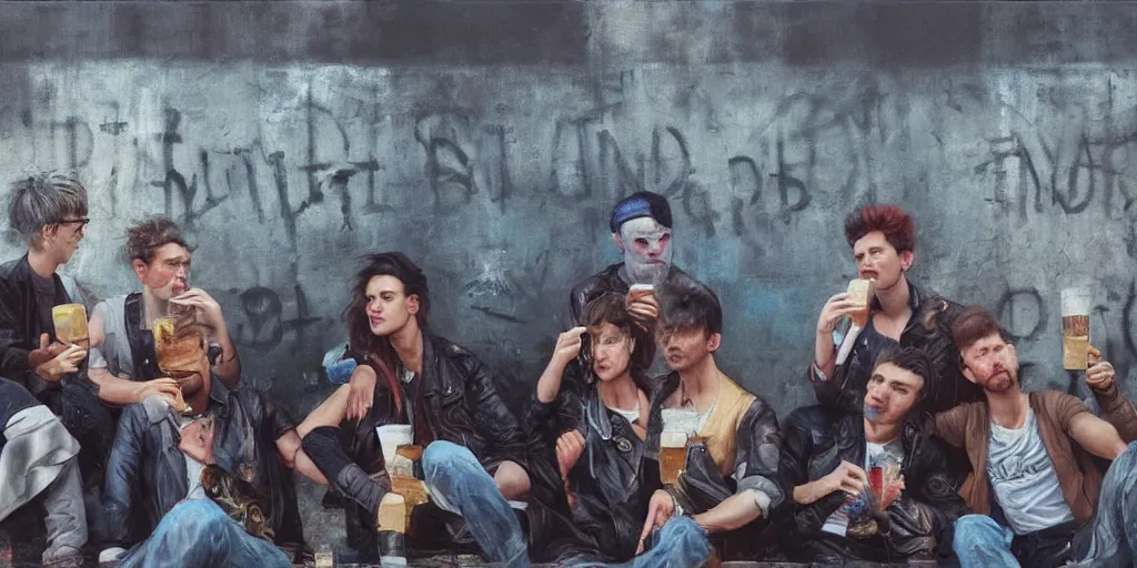 Image similar to beautiful oil matte portrait painting, 8 0 s punks sitting on top of the berlin wall drinking beer, wonderful masterpiece highly detailed, beautiful cinematic light deep focus, elegant, digital painting, smooth, sharp focus, golden ratio, dramatic illumination, ultra realistic, 8 k, art by jimmy law