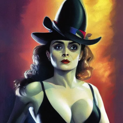Prompt: Helena Bonham Carter as a Bond girl, artstation, Joe Jusko, concept art, 8k