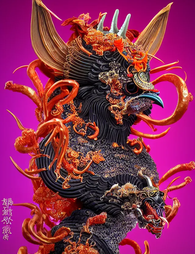 Image similar to 3 d goddess close - up profile satan biohazard portrait with crown, ram skull. beautiful intricately detailed japanese crow kitsune mask and clasical japanese kimono. betta fish, jellyfish phoenix, bio luminescent, plasma, ice, water, wind, creature, artwork by tooth wu and wlop and beeple and greg rutkowski