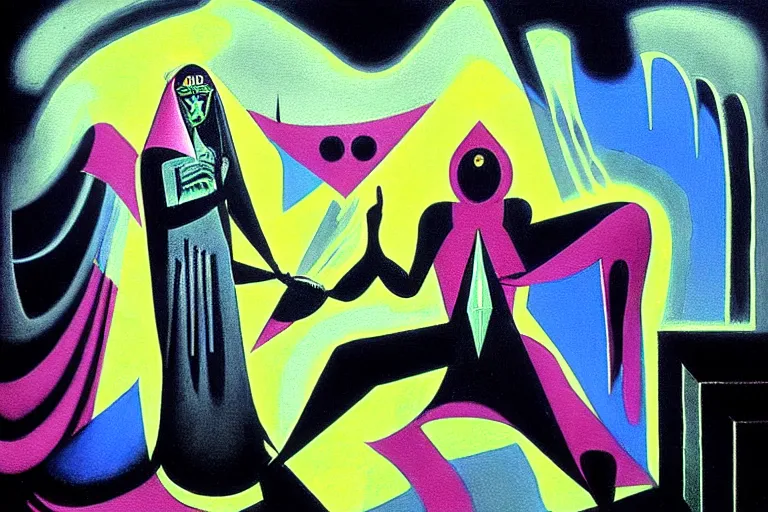 Image similar to a beautiful masterpiece painting of the technomancer wizard in dazzle camouflage robes with pointed hoods and his ai djinn performing psychic television on a crt tv by remedios varo and anato finnstark and greg rutkowski and andy warhol and francis picabia, dayglo pink, dayglo blue, dazzle camouflage, glowing, pearlescent white, raven black