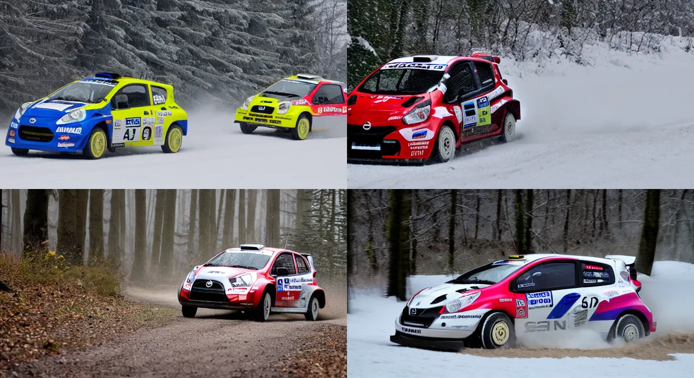 Prompt: a 2 0 1 1 nissan micra, racing through a rally stage in a snowy forest