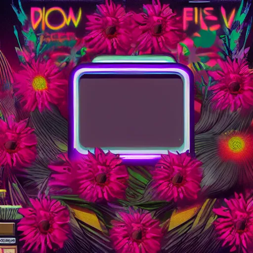 Image similar to flowers, retrowave epic art, trending on art station