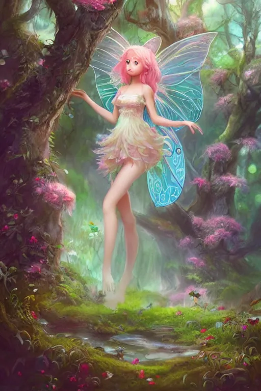 Image similar to a cute fairy in the dreamy forest, fantasy, dreamlike, 8 k resolution, hyper detailed, d & d, character design, digital painting, trending on artstation, sharp focus, illustration, art by viktoria gavrilenko, hoang lap, fuji choko, steve zheng