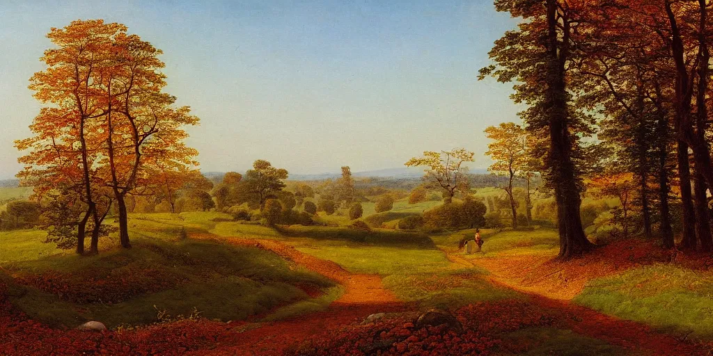 Prompt: a beautiful landscape painting of a path through countryside fields and patches of woodland, autumn season, by caspar david friedrich, oil on canvas, highly detailed, hd, 4 k