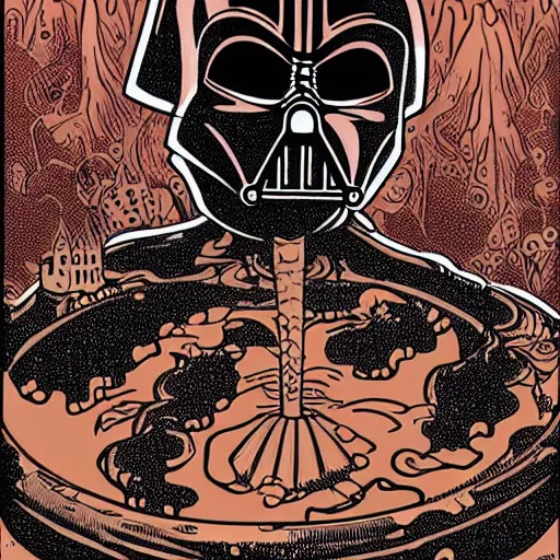 Prompt: pop - wonder - nft alien - meat half - tone - art of a darth - vader - mandolorian wading through the goopy - muck and slithering about the castle side delights on a melted cheesy day in a hand - drawn vector, svg, cult - classic - comic - style