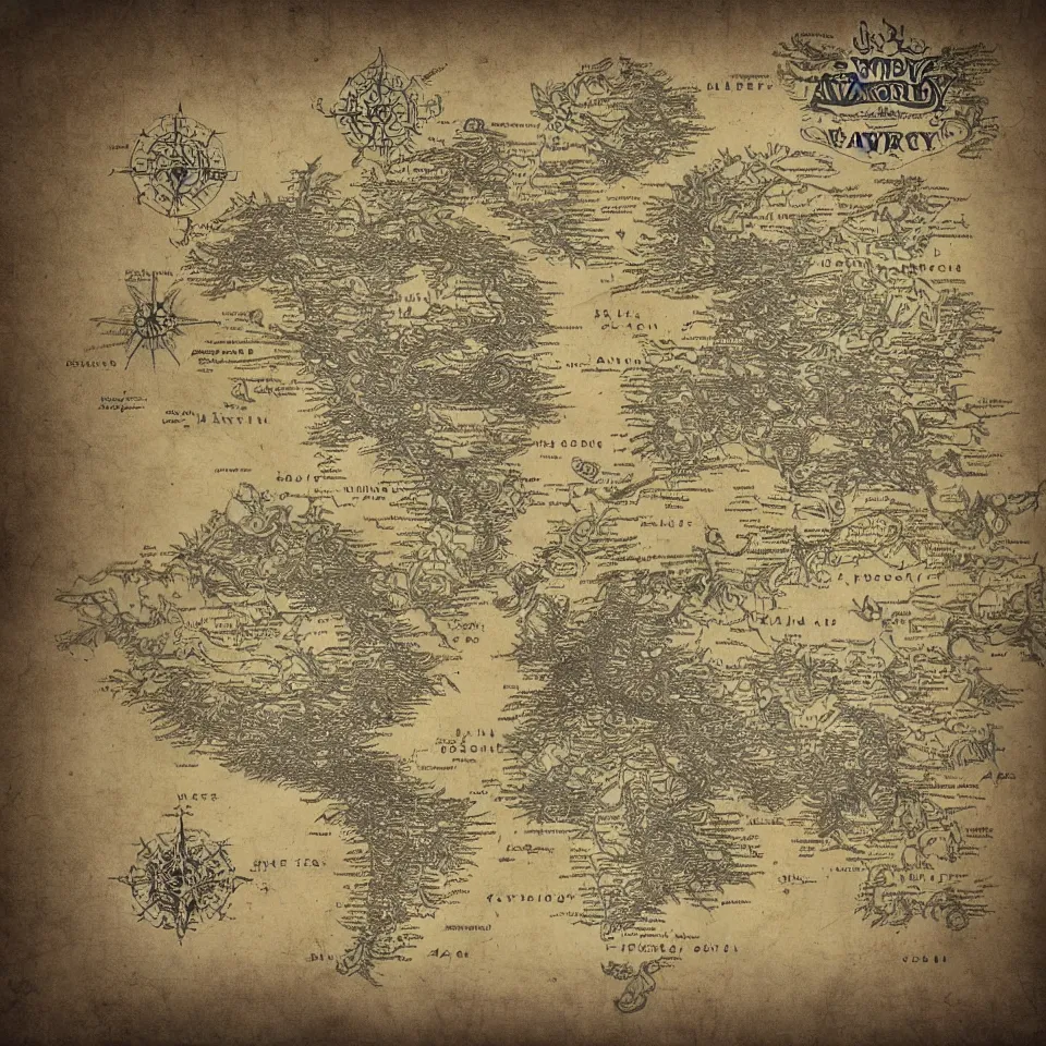 Image similar to imaginary map, map of fantacy world, different realms, blueprint, infographic, vintage theme, on paper, with notes, highly detailed, hyper realistic