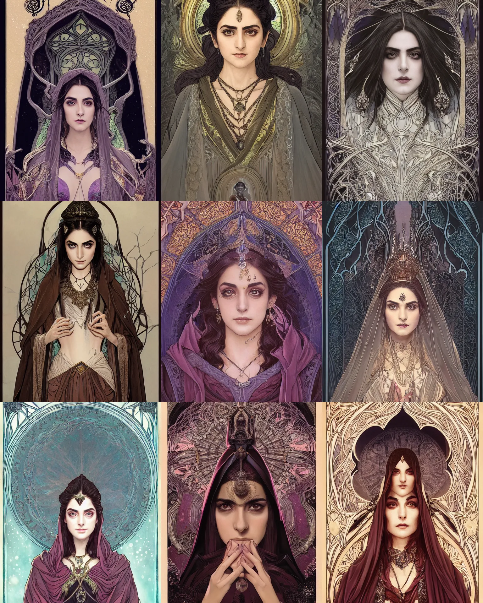 Prompt: masterpiece symmetrical centered bust-view portrait, Maya Ali as D&D sorcerer, one head portrait, Neo-Gothic, Art Nouveau style, wizard robe, fantasy, delicate, elegant, in the style of Greg Rutkowski and Moebius and Mohrbacher and ROSSDRAWS and Ross Tran and Alphonse Mucha and Ayami Kojima and Charlie Bowater and Jean Delville, Pixar, Maya engine, splash comics, tarot card style, rich bright colours