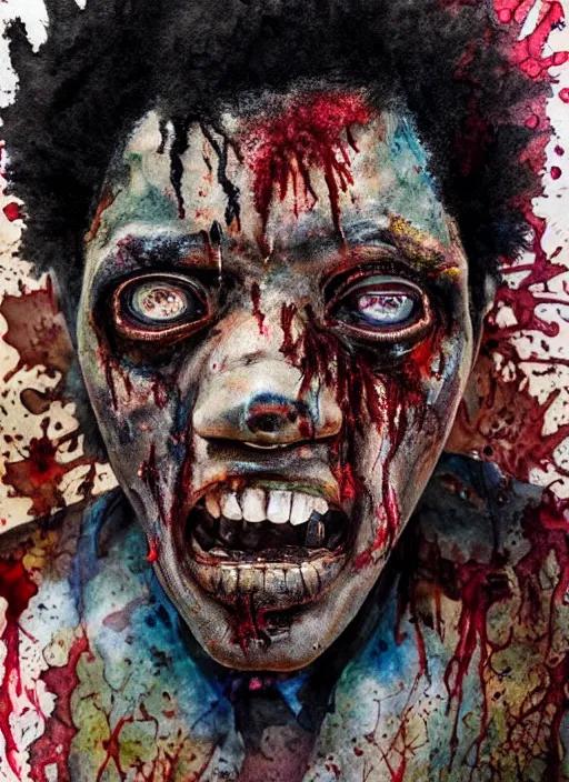 Image similar to african american zombie hollywood artwork professional acting headshot, hyperrealism, intricate detail, studio lighting, charming expression gesicht, hauntingly beautiful zombie, watercolor art, epic, legendary, drawn and painted, colored layers, dulled contrast, exquisite fine art, splatterpaint