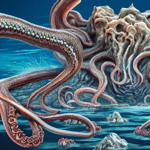 Image similar to crater lake writhing with tentacles and sea monsters, ultra detailed, highly detailed, 8 k, trending on artstation, award - winning art,