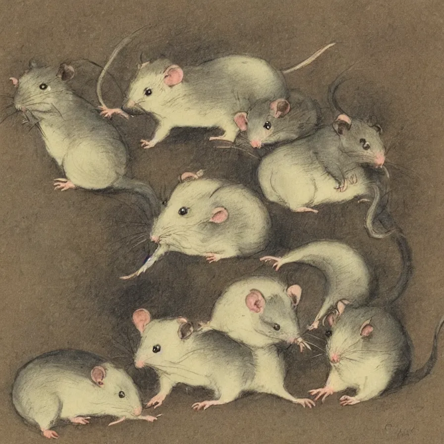 Image similar to Louis Icart, an old colored drawing of adorable little pet rats by Louis Icart, highly detailed, center weighed composition, masterpiece