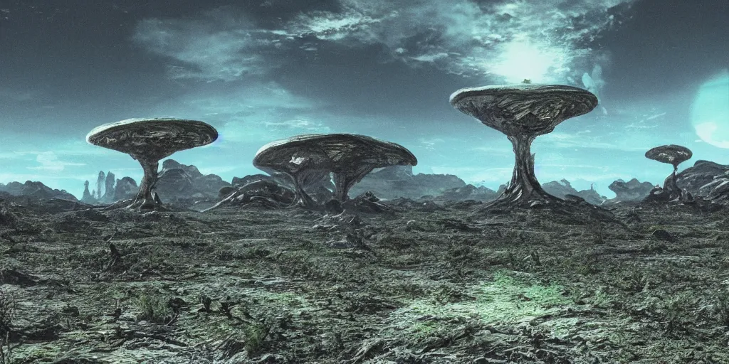 Prompt: Picture of an alien landscape filled with never before seen life forms