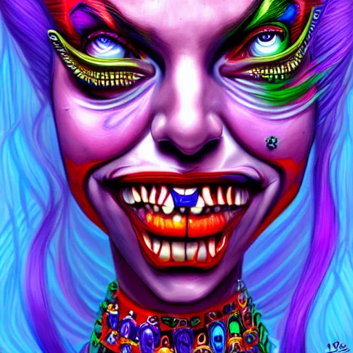 Prompt: an extremely psychedelic portrait of harley quinn as medusa, surreal, lsd, face, detailed, intricate, elegant, lithe, highly detailed, digital painting, artstation, concept art, smooth, sharp focus, illustration