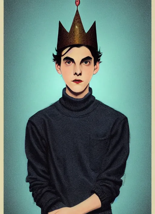 Image similar to portrait of teenage jughead jones wearing a light grey crown, crown, blue turtleneck, 1 9 5 0 s, closed eyes, photorealistic, black hair, glowing lighting, intricate, elegant, glowing lights, highly detailed, digital painting, artstation, concept art, smooth, sharp focus, illustration, art by wlop, mars ravelo and greg rutkowski