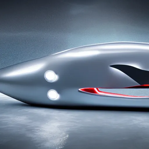 Image similar to futuristic concept car shaped like a shark, 8k, high resolution, shiny, wet