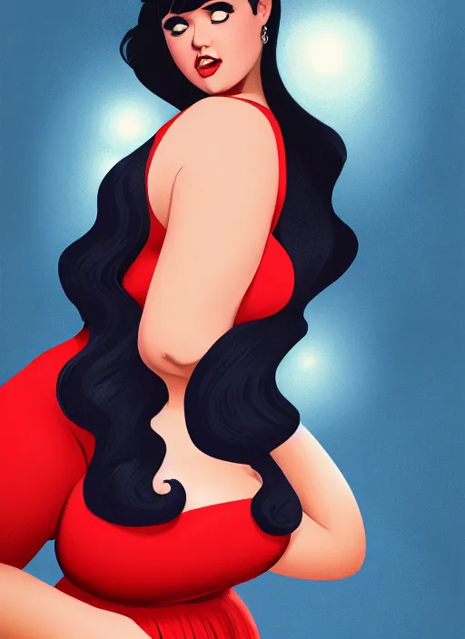 Image similar to full body portrait of teenage veronica lodge, obese, bangs, sultry, realistic, sultry smirk, wavy hair, red skirt, fat, belly, intricate, elegant, glowing lights, highly detailed, digital painting, artstation, concept art, smooth, sharp focus, illustration, art by wlop, mars ravelo and greg rutkowski