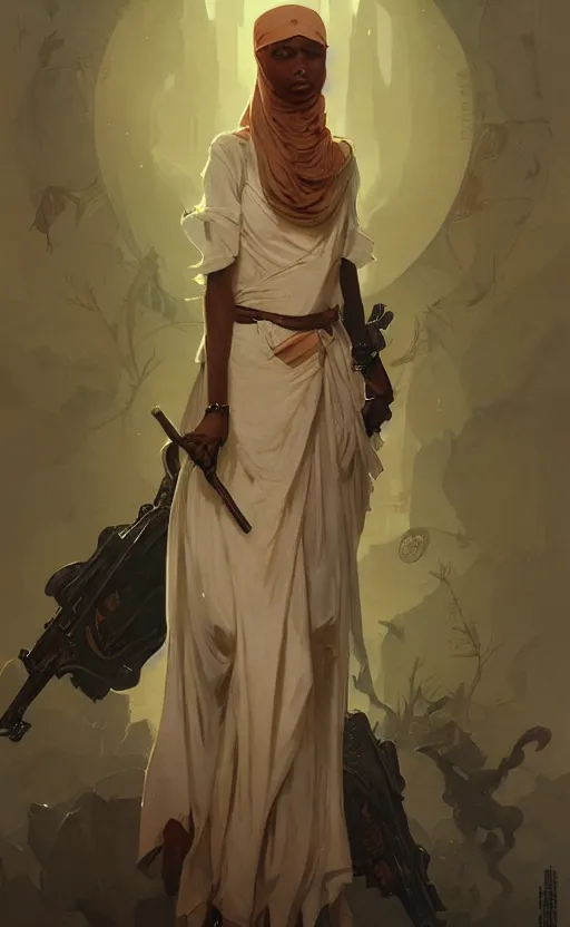 Prompt: a personification of the country somalia, highly detailed, digital painting, artstation, concept art, sharp focus, illustration, art by greg rutkowski and alphonse mucha