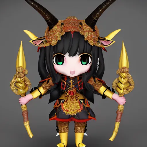 Image similar to cute fumo plush of a goat girl with horns, anime girl, tribal outfit with intricate celtic knot patterns, golden pauldrons, gothic maiden empress, artstation, vray