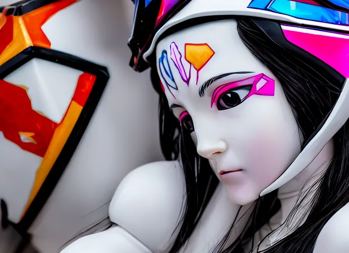 Prompt: extremely beautiful close up portrait photo of a white marble statue of an anime girl with colorful motocross logos and motorcycle helmet with closed visor, colorful smoke in the background, carved marble statue, fine art, neon genesis evangelion, virgil abloh, offwhite, denoise, highly detailed, 8 k, hyperreal