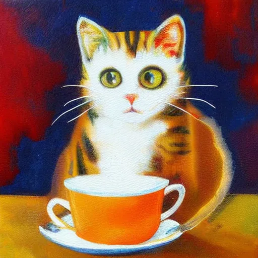 Prompt: cat drink from the cup, impasto painting