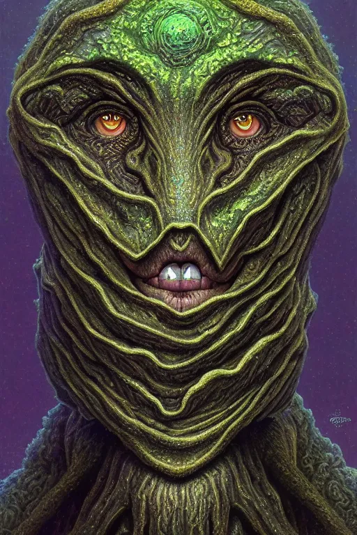 Image similar to anthropomorphic enneagram head in mossy slimeforge star jones merchant, intricate, elegant, highly detailed face, wide angle, digital painting, artstation, concept art, sharp focus, illustration, art by artgerm, bob eggleton, stephen hickman, richard corben, wayne barlowe, greg rutkowski, alphonse mucha, 8 k