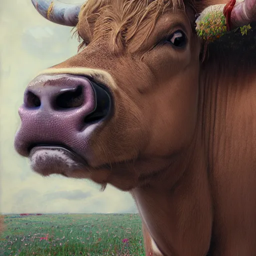 Image similar to portrait of a man - faced cow, hyper detailed, 3 / 4 shot, digital art, trending in artstation, cinematic lighting, studio quality, smooth render, unreal engine 5 rendered, octane rendered, art style by klimt and nixeu and ian sprigger and wlop and krenz cushart