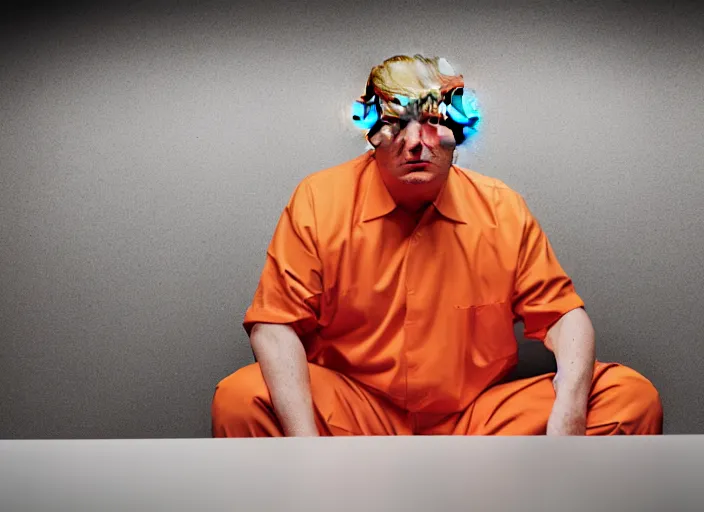 Prompt: portrait photo of donald trump sitting in a jail cell wearing an orange jumpsuit defocused bars in the foreground, studio lighting, key light, 8 k, 8 5 mm f 1. 8