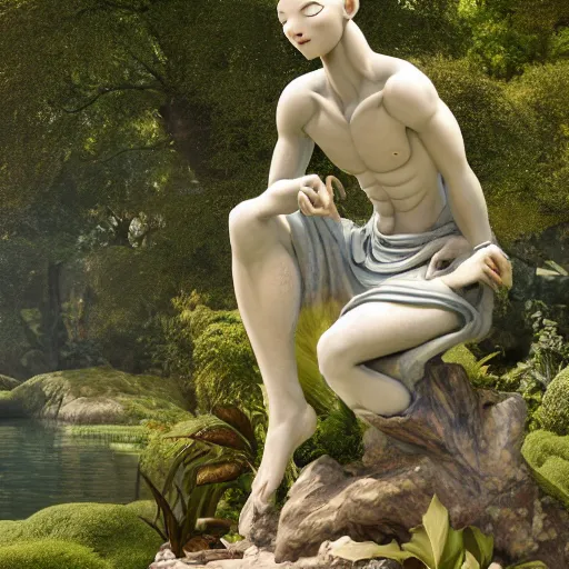 Image similar to marble statue of avatar aang meditating in a rococo japanese garden, accurate details, detailed full body, dramatic, intricate, elegant, highly detailed, digital painting, artstation, concept art, sharp focus, illustration, art by gustave dore, octane render