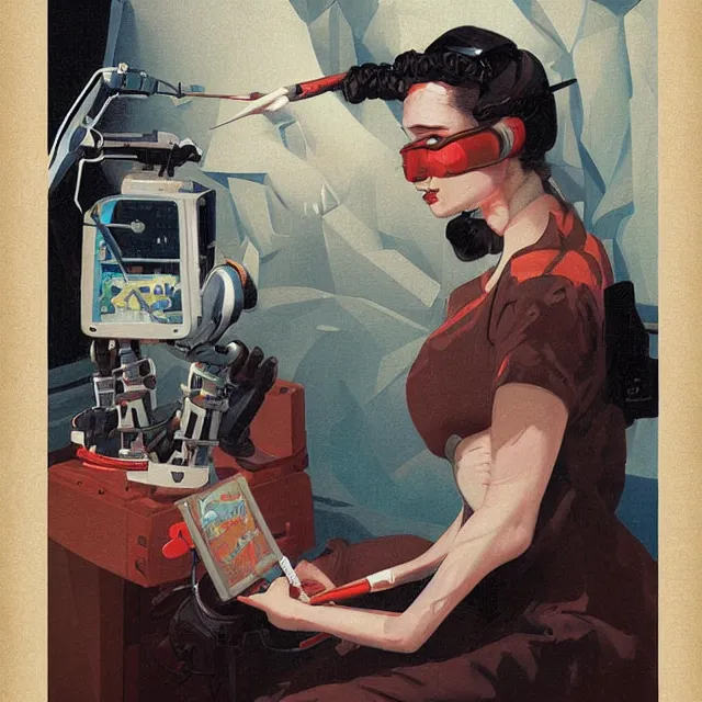 Image similar to robot artist painting a self - portrait on a canvas. intricate, highly detailed, digital matte painting, in the style of alexandros pyromallis, and in the style of sachin teng, and in the style of hans thoma, and in the style of gil elvgren. irony, recursion, inspiration, streamline moderne.