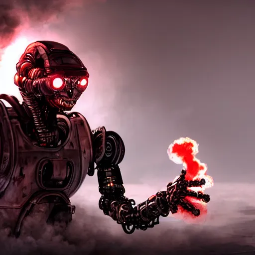 Image similar to post - apocalyptic, a very strong terminator robot with red enerygies, is shaking hands with a small alien creature that has multiple eyes. smoke. volumetric lighting, sharp focus, ultra detailed, cgsociety