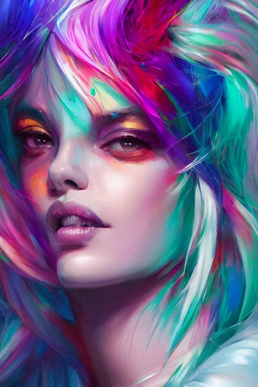 Prompt: chromatic goddess of colors, d & d, full body portrait, mixed media, seductive look, chromatic aberration, hyper realistic, highly detailed, headshot, digital painting, trending on artstation, concept art, sharp focus, illustration, art by wlop and artgerm and greg rutkowski and ayami kojima