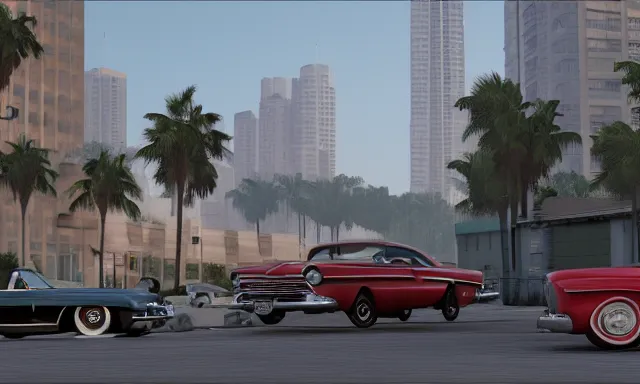 Prompt: vintage cars in liberty city, grand theft auto, photorealistic hyperdetailed 3 d matte painting, hyperrealistic, cinematic, unrealengine octane render,