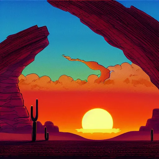 Prompt: sunset in the desert, fantasy art, illustration, animated film, by studio ghibli