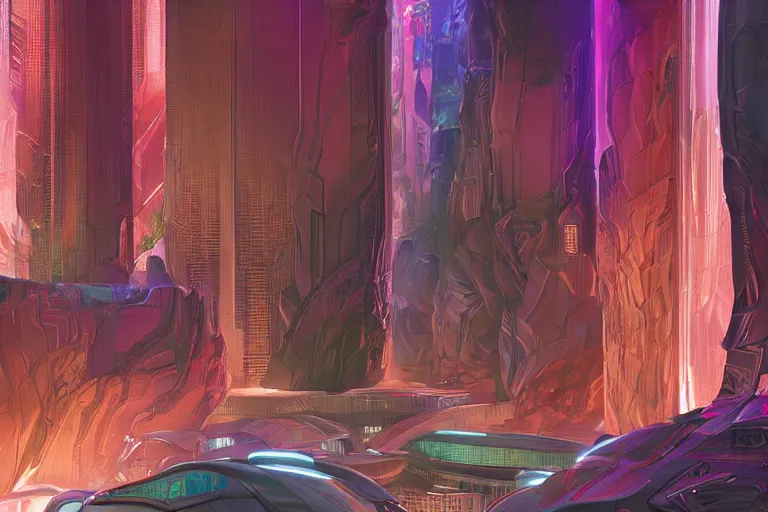 Prompt: futuristic cyberpunk city with Singaporean lush garden with luxurious rgb colors, advanced civilization, high-end street Antelope canyon, rocks formed by water erosion, walls made of beautiful smooth sandstone light beams that shine, polish narrow slots of walls into a striated swirling finish, digital painting, concept art, smooth, sharp focus, from Star Trek 2021, illustration, by WLOP and Ruan Jia and Mandy Jurgens and William-Adolphe Bouguereau, Artgerm