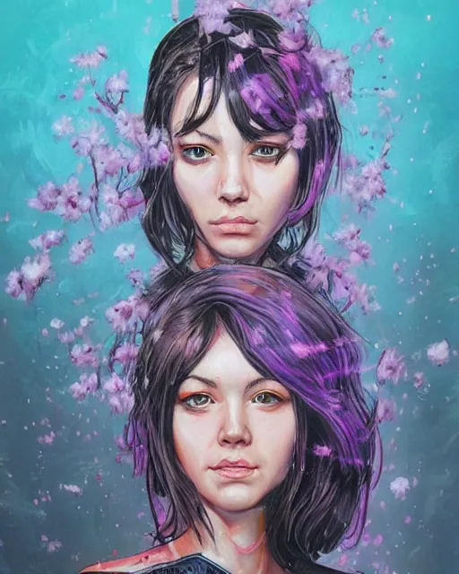 Image similar to an epic fantastic realism comic book style portrait painting of a purple - eyed girl, cherry blossom rain everywhere, apex legends,