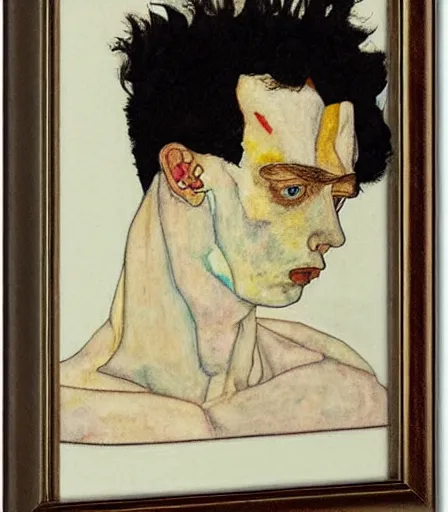 Image similar to portrait of a handsome non binary criminal lost in thought, by egon schiele, intense desire, high quality, high detail