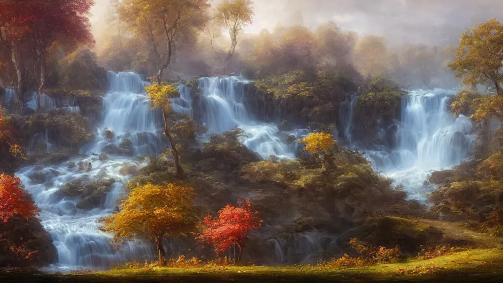 Image similar to the most beautiful panoramic landscape, oil painting, where a giant dreamy waterfall creates a river, the trees around are starting to bloom in a variety of colors, by greg rutkowski, long exposure