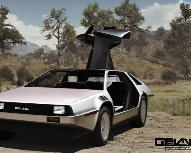 Image similar to updated sleek concept for a delorean, cinematic, photoreal, by red dead redemption 2