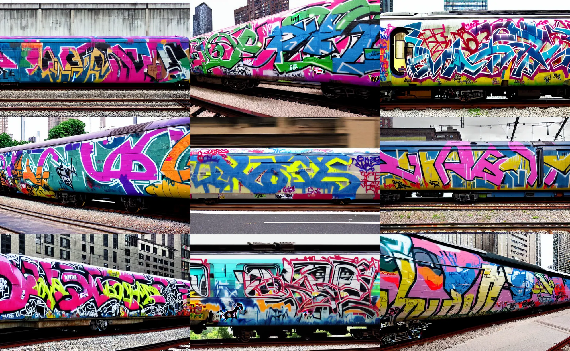 Prompt: a train covered with graffiti going through a vast cityscape by martha cooper