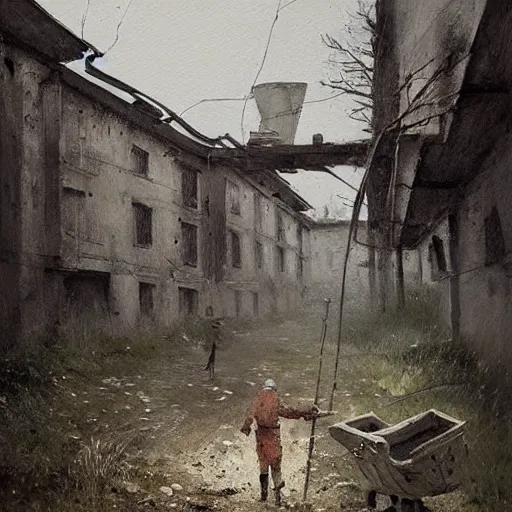 Image similar to painting by jakub rozalski of a person walking with a wheelbarrow in an abandoned post soviet town infested with root monsters