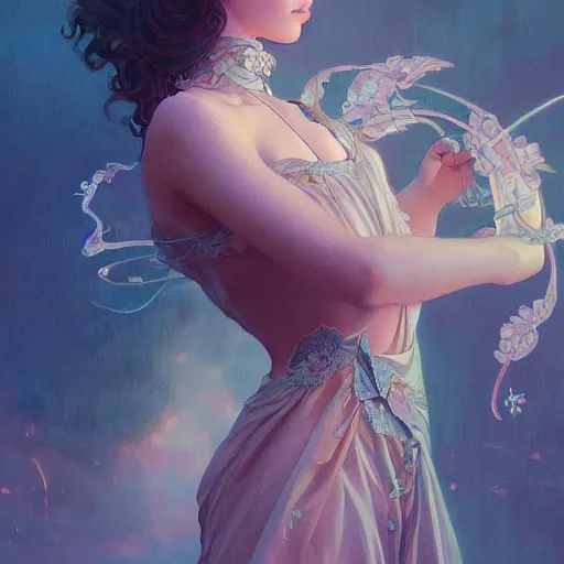 Prompt: beautiful young girl vaporwave aesthetic, synthwave, intricate, elegant, highly detailed, digital painting, artstation, concept art, smooth, sharp focus, illustration, art by artgerm and greg rutkowski and alphonse mucha