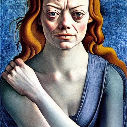 Image similar to emma stone as gollum, elegant portrait by sandro botticelli, detailed, symmetrical, intricate