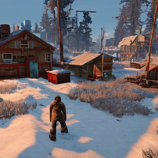 Image similar to small wooden settlers village, canada in the winter in ruins post - nuclear war in fallout 4, in game screenshot