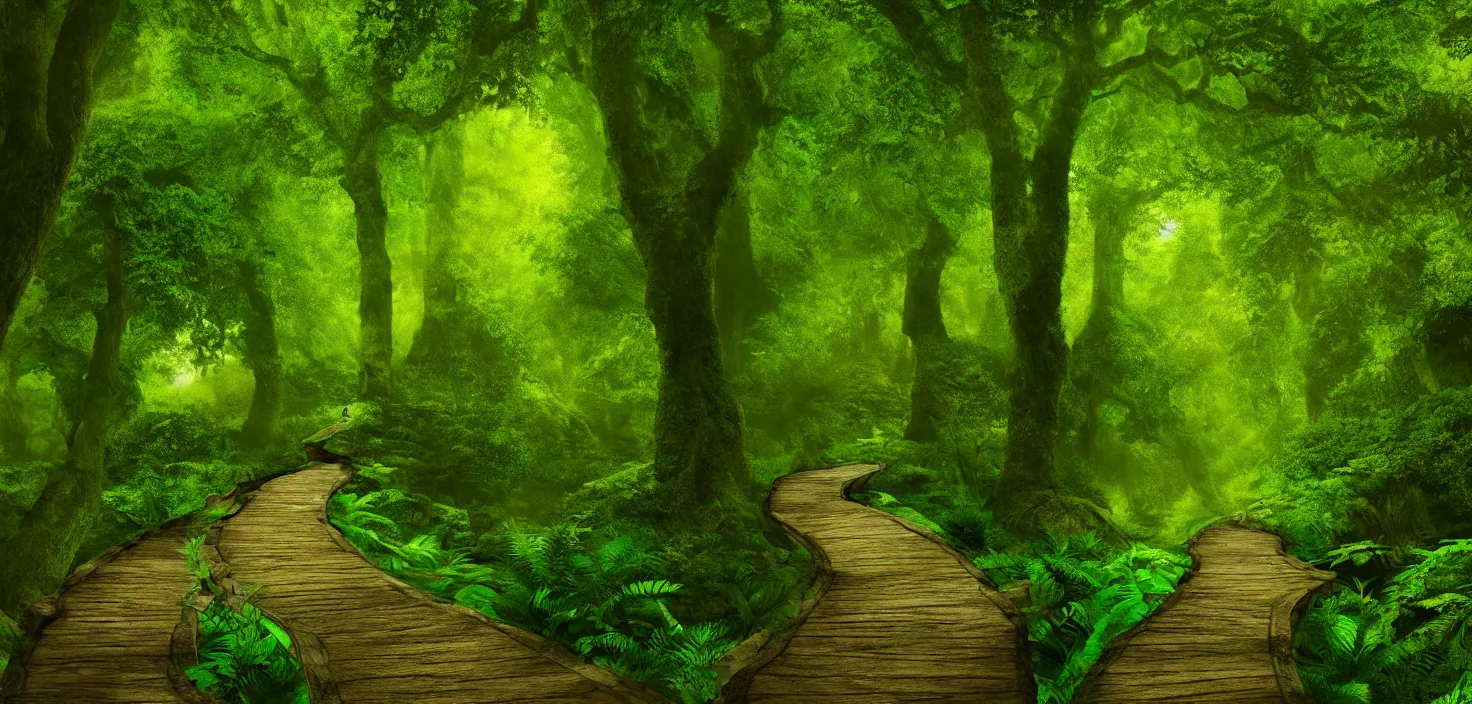 Image similar to a wooden path in the middle of a lush green forest, a detailed matte painting by john eyre, shutterstock contest winner, magical realism, enchanting, matte painting, mystical