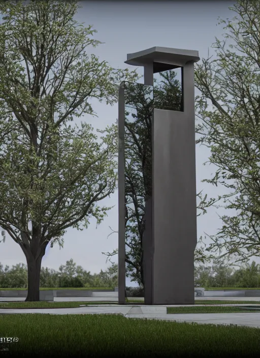 Image similar to highly detailed realistic architecture 3 d render of a futuristic mirrored stele monument in frank lloyd wright style standing in city park, archdaily, made in unreal engine 4 octane render