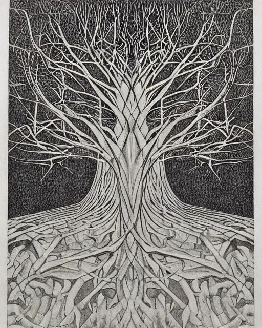 Prompt: “Infinity tree, geometric art by M.C. Escher, engraving, 1961”